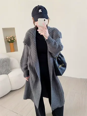 中长款过膝加厚大翻领毛衣外套女秋冬新款宽松慵懒风休闲针织开衫商品大图