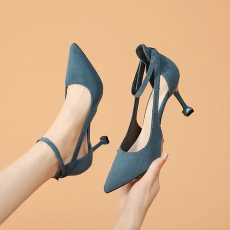 法式高跟鞋尖头细跟2023年春秋新款绒面气质仙女鞋一字带中空单鞋图片