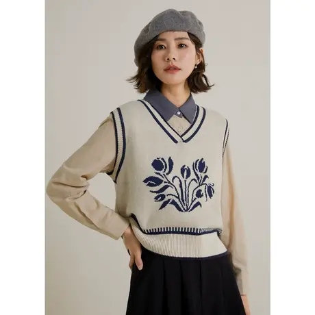 弥古v领叠穿针织马甲背心女2023新款外穿秋冬撞色坎肩毛衣上衣图片