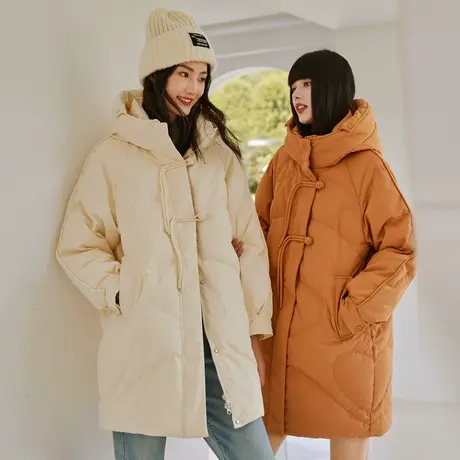 【直播专享】艾莱依2022年冬羽绒服女国潮盘扣时尚连帽中长款外套商品大图