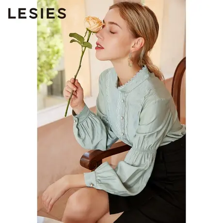 LESIES蓝色倾情春秋女装 抹茶绿复古蕾丝花边设计感衬衫长袖上衣商品大图