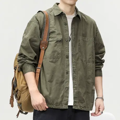 百搭衬衫长袖男士纯棉工装衬衫外套美式翻领休闲百搭潮流外套男装图片