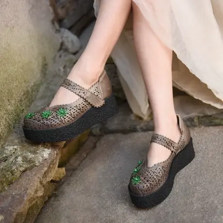 Artmu阿木原创复古镂空单鞋松糕厚底鞋女花朵防水台真皮玛丽珍鞋图片