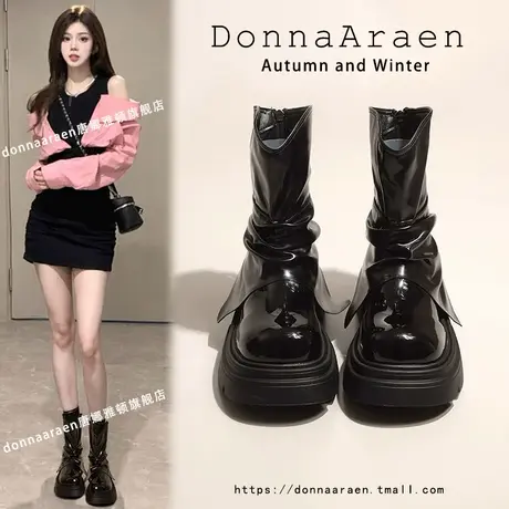 超火厚底短靴女2023新款甜酷春秋单靴子中筒英伦裤管靴复古马丁靴图片