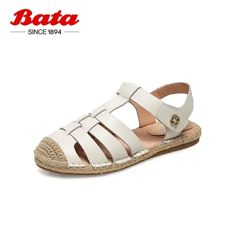 奥莱Bata包头凉鞋女夏季新款平底真牛皮镂空复古罗马鞋12932BH2图片