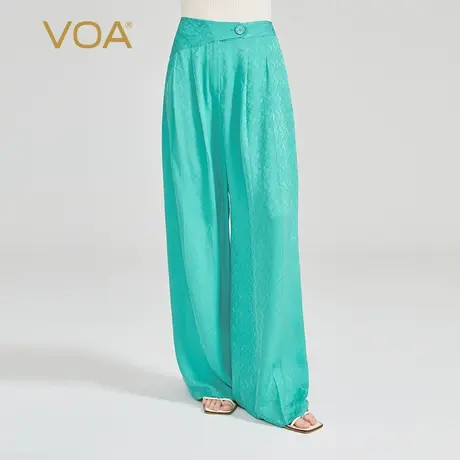 VOA青苔绿22姆米暗纹提花桑蚕丝一粒扣自然腰侧口袋真丝阔腿裤图片