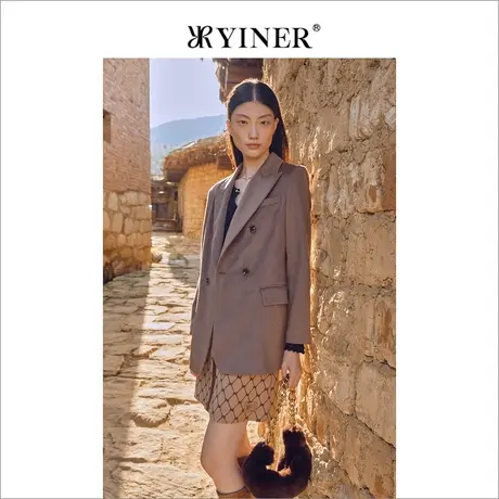 YINER音儿女装冬季双排扣骆驼绒混桑蚕丝休闲西装外套商品大图