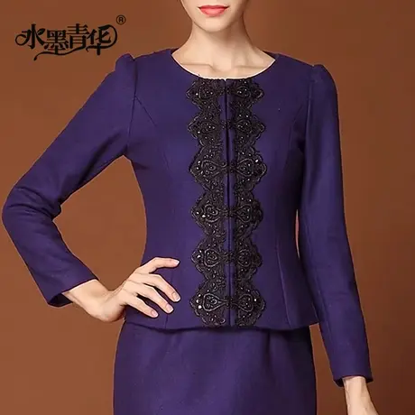 水墨青华2024春装新款通勤时尚优雅气质名媛紫色毛呢短外套图片