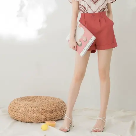 桔熊夏季通勤雪纺短裤子女纯色钮扣拉链不易皱卷边裤大码BA4929图片