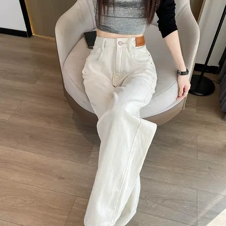 浅色高腰直筒牛仔裤女秋季2024年新款梨型身材宽松显瘦窄版阔腿裤商品大图
