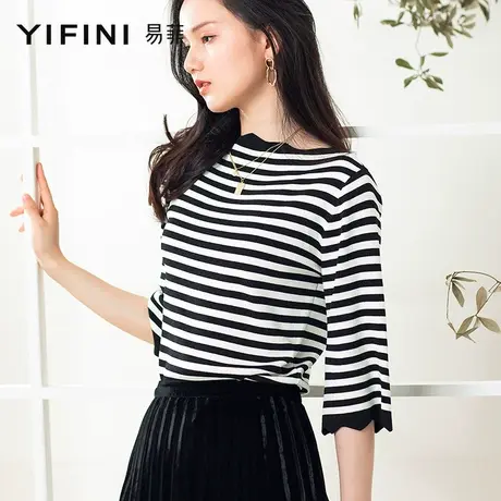Yifini/易菲黑白条纹毛针织衫女宽松显瘦七分袖上衣春秋季新款商品大图