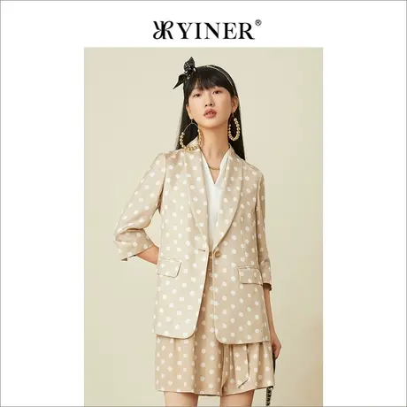 YINER音儿专柜女装2022夏季新款撞色波点真丝西装短外套商品大图