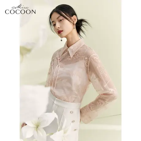 竹意熊趣|MISSCOCOON国风蕾丝衫女2023新款春季盘扣设计网纱上衣图片
