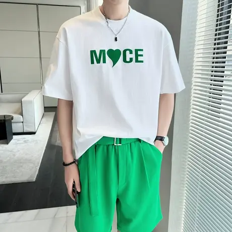 字母印花短袖T恤男夏季学生青少年百搭潮流五分袖上衣ins修身半袖商品大图