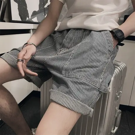 夏季男条纹短裤裤子五分裤中裤马裤大裤衩沙滩裤网红潮牌宽松休闲商品大图