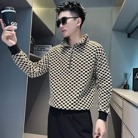 秋季时尚休闲格子男士半拉链POLO衫长袖卫衣潮牌个性百搭网红外套图片