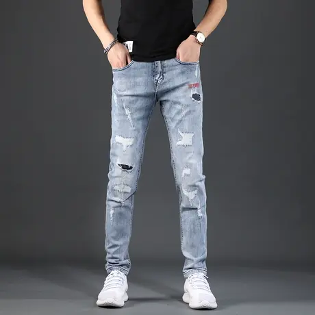破洞牛仔裤男潮牌修身小脚浅色弹力潮流韩版水洗乞丐百搭男士裤子商品大图