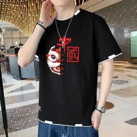 假两件t恤男士短袖潮牌潮流夏季棉感半袖男体恤国潮青少年上衣服商品大图