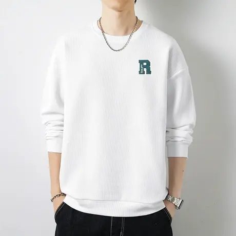 男士卫衣华夫格潮牌潮流宽松圆领无帽上衣服白色长袖t恤休闲百搭商品大图