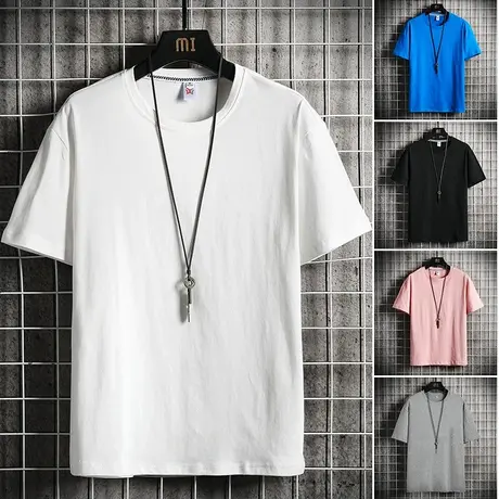 宽松港风夏季纯棉圆领短袖T恤男潮牌ins情侣装体恤纯色半袖打底衫商品大图