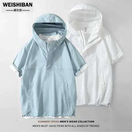 潮流日系cityboy半拉链卫衣男装短袖套头衫连帽网眼透气半袖衬衣商品大图