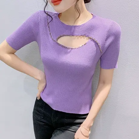 夏装性感镂空T恤女2023年新款时尚圆领针织短袖别致钉珠紧身上衣商品大图