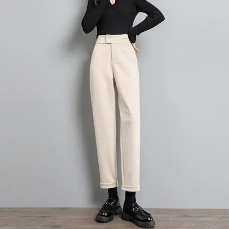 时尚亲肤呢料长裤2022年秋冬季新款女士气质百搭显瘦自然腰裤子图片