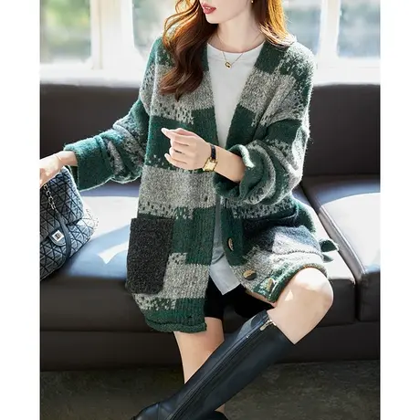 宝诗黎V领宽松针织开衫女外搭毛衣2023秋冬新款慵懒条纹休闲外套商品大图