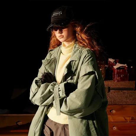 军绿色潮牌棉服女翻领冬季工装外套2023新款复古宽松oversize棉衣商品大图