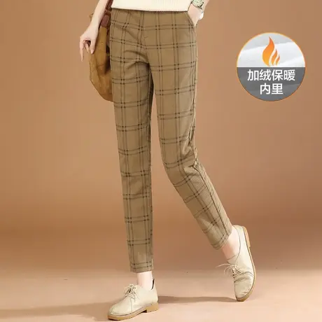 韩潮袭人松紧腰格纹加绒保暖休闲裤女2023冬季新款宽松显瘦哈伦裤图片