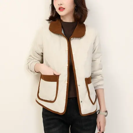 韩潮袭人撞色POLO领棉衣棉服女2023冬季新款短款夹棉外套轻薄商品大图