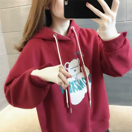 2023年冬季韩版新款加绒加厚连帽卫衣女士百搭洋气撞色卡通减龄潮图片