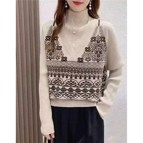 复古洋气半高领针织打底衫女2023秋冬款设计感小众假两件别致毛衣商品大图