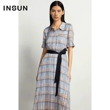 INSUN恩裳夏季格子条纹修身衬衫连衣裙图片