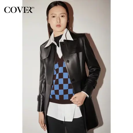 COVER秋季100%绵羊皮弹性中长款皮革短外套商品大图