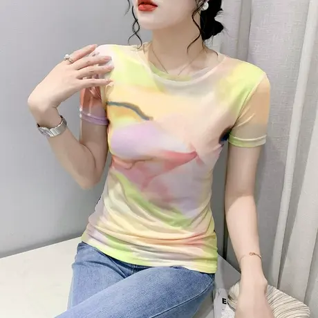 欧货网纱上衣女短袖2024夏季新款时尚圆领T恤修身显瘦气质小衫ins商品大图