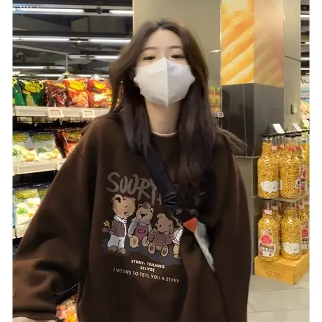 套头卫衣女2023新款爆款秋冬装外套韩系慵懒风宽松圆领长袖上衣潮商品大图