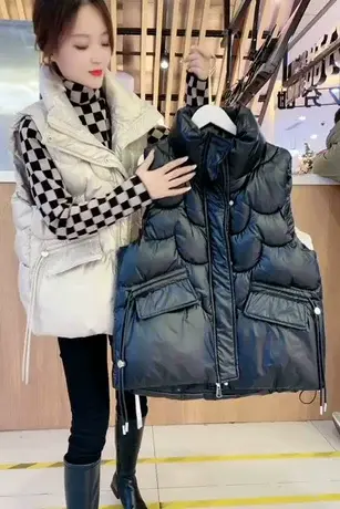 欧货2023新款亮面无袖坎肩棉马夹羽绒棉马甲女秋冬季短款背心外套商品大图