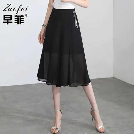 黑色显瘦宽松阔腿裤女夏薄款裤子2021新款高腰垂感雪纺裤七分裤子商品大图