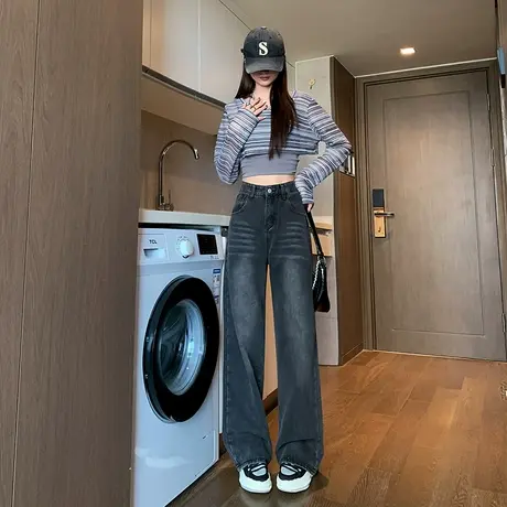 灰色高腰薄绒牛仔裤女秋冬季2023年新款显瘦直筒宽松拖地阔腿裤子商品大图