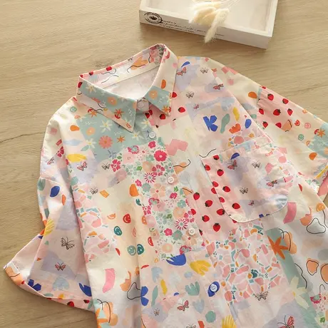 夏季学院风碎花减龄宽松纯棉布印花短袖衬衫少女学生软妹半袖上衣图片