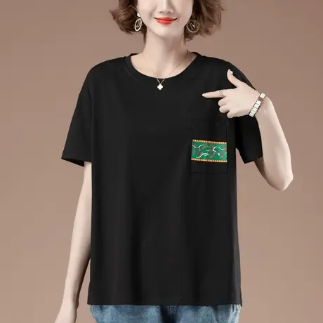 中年妈妈短袖t恤女夏季新款加肥加大码女装宽松纯棉圆领半袖体恤图片