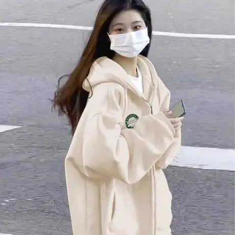 oversize卫衣女2023新款秋冬宽松上衣慵懒风连帽加绒加厚开衫外套商品大图