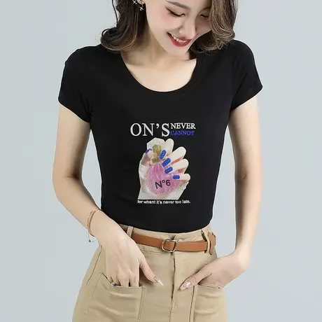 烫钻圆领T恤女短袖2023夏季新款修身紧身上衣欧洲站带钻时尚体恤商品大图