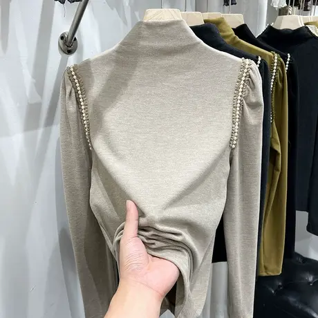 气质半高领珍珠钉珠长袖T恤女2022秋冬新款泡泡袖磨毛打底衫上衣商品大图