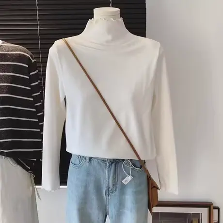 木耳边设计感小众高领长袖T恤女秋冬德绒保暖打底衫内搭修身上衣图片