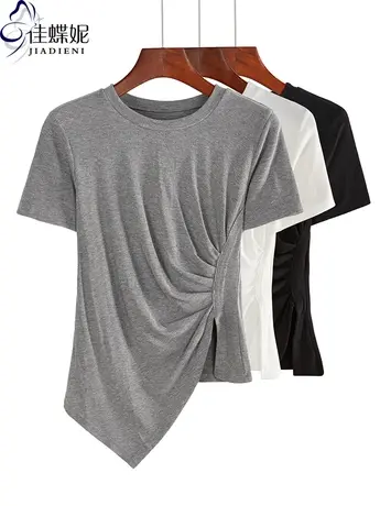 夏季新款韩版圆领纯棉修身克莱因蓝纯欲短袖体恤上衣内搭女打底衫商品大图