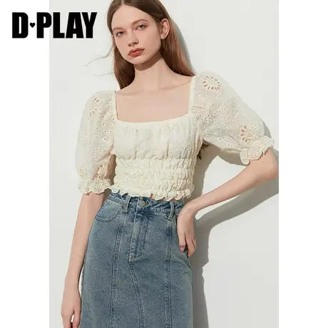 DPLAY夏法式奶油杏方领蕾丝花边重工镂空机绣上衣小个子小衫商品大图