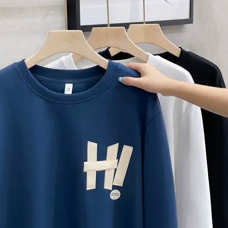 织带贴布设计男装圆领卫衣2023秋新款美式字母印花INS潮流宽松T恤商品大图