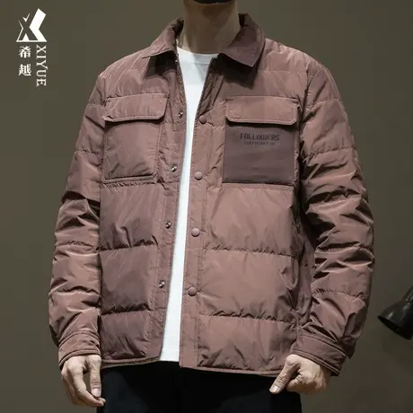 90鹅绒轻薄羽绒服男冬季宽松大码男士潮牌外套衬衫式翻领工装夹克商品大图
